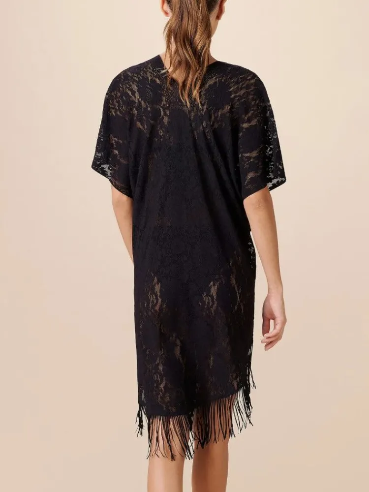 Strandkleider & Sommerkleider|Kaftan, Tunika & Pareo^Pain de Sucre Spitze Strandtunika JESSE 20 einfarbig von weiß mit Fransensaum