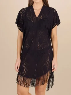 Strandkleider & Sommerkleider|Kaftan, Tunika & Pareo^Pain de Sucre Spitze Strandtunika JESSE 20 einfarbig von weiß mit Fransensaum