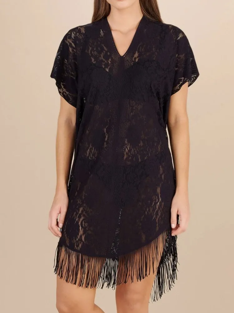 Strandkleider & Sommerkleider|Kaftan, Tunika & Pareo^Pain de Sucre Spitze Strandtunika JESSE 20 einfarbig von weiß mit Fransensaum