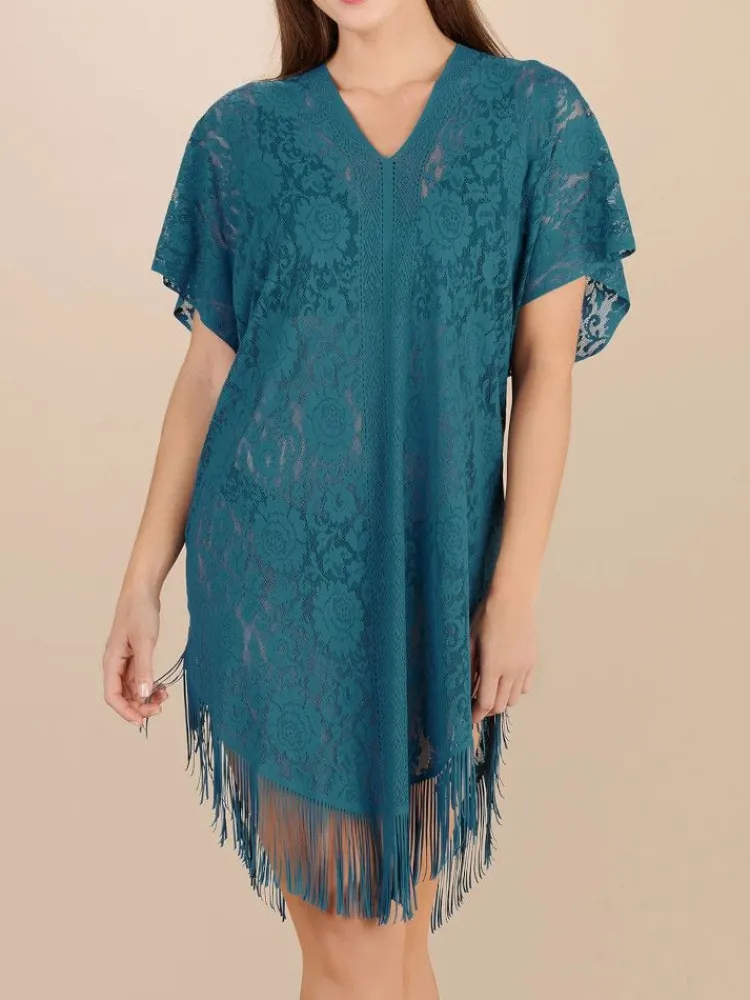 Strandkleider & Sommerkleider|Kaftan, Tunika & Pareo^Pain de Sucre Spitze Strandtunika JESSE 20 einfarbig von weiß mit Fransensaum