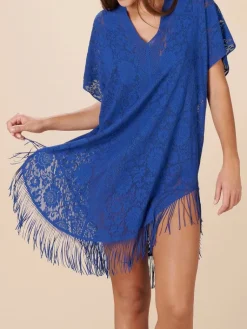 Strandkleider & Sommerkleider|Kaftan, Tunika & Pareo^Pain de Sucre Spitze Strandtunika JESSE 20 einfarbig von weiß mit Fransensaum