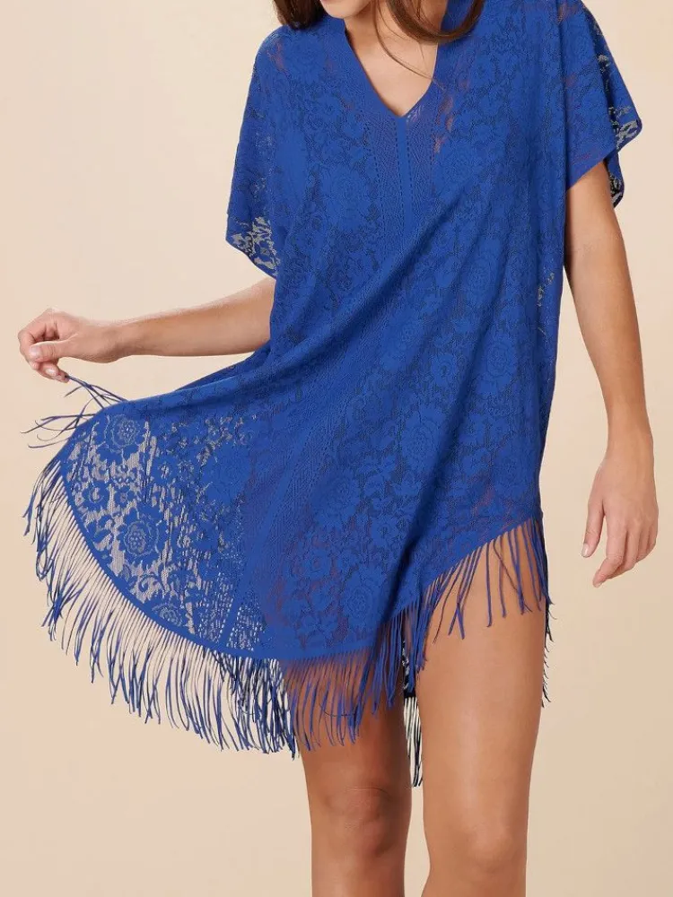 Strandkleider & Sommerkleider|Kaftan, Tunika & Pareo^Pain de Sucre Spitze Strandtunika JESSE 20 einfarbig von weiß mit Fransensaum