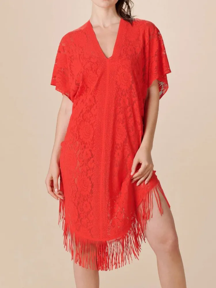 Strandkleider & Sommerkleider|Kaftan, Tunika & Pareo^Pain de Sucre Spitze Strandtunika JESSE 20 einfarbig von weiß mit Fransensaum