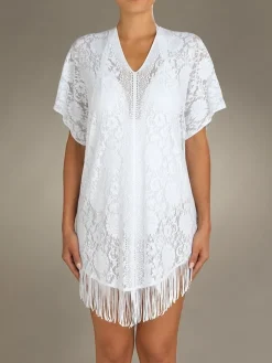 Strandkleider & Sommerkleider|Kaftan, Tunika & Pareo^Pain de Sucre Spitze Strandtunika JESSE 20 einfarbig von weiß mit Fransensaum