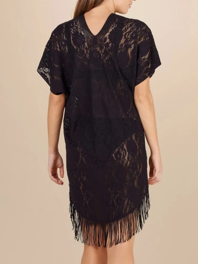 Strandkleider & Sommerkleider|Kaftan, Tunika & Pareo^Pain de Sucre Spitze Strandtunika JESSE 20 einfarbig von weiß mit Fransensaum