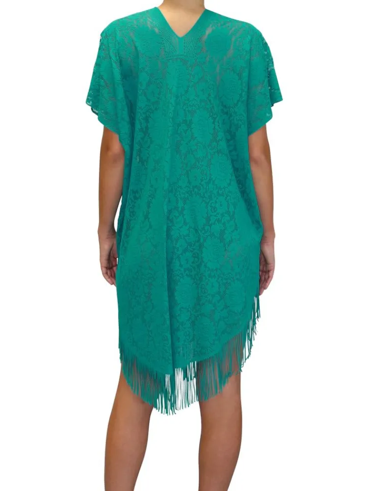 Strandkleider & Sommerkleider|Kaftan, Tunika & Pareo^Pain de Sucre Spitze Strandtunika JESSE 20 einfarbig von weiß mit Fransensaum