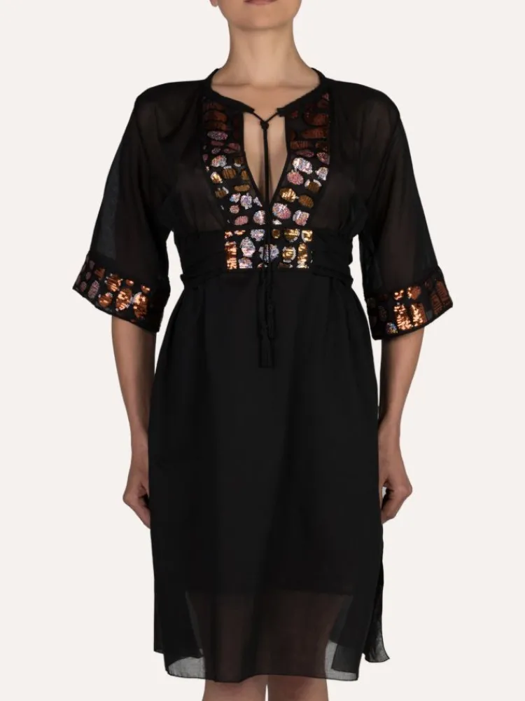 Strandkleider & Sommerkleider|Kaftan, Tunika & Pareo^Cotton Club Strandkaftan FRESIA mit Pailletten von Mare schwarz mit rosa Pailletten