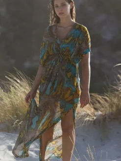 Strandkleider & Sommerkleider|Kaftan, Tunika & Pareo^Pain de Sucre Strandkleid LYRA 31 Python Print von Python Print in türkis mit senfgelb