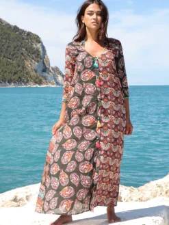 Strandkleider & Sommerkleider|Kleider^Laetitia Beachwear Strandkleid mit Seide BERENICE VERDE schwarz-bunt von schwarz grün bunt mit Häkel Applikationen