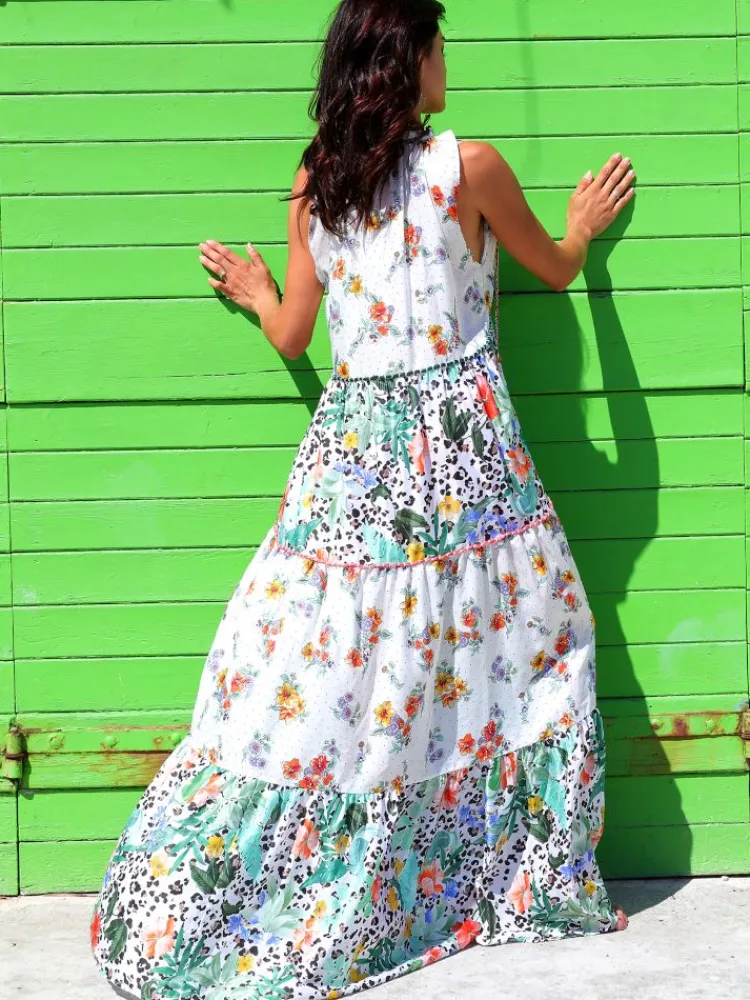 Strandkleider & Sommerkleider|Kleider^Laetitia Beachwear Strandkleid mit Seide FANTASIA BIANCO weiß grün von weiß grün mit Häkel Applikationen