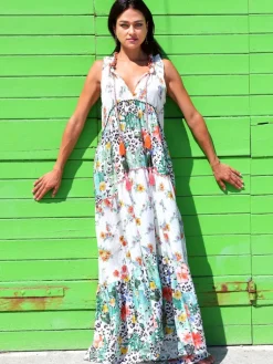 Strandkleider & Sommerkleider|Kleider^Laetitia Beachwear Strandkleid mit Seide FANTASIA BIANCO weiß grün von weiß grün mit Häkel Applikationen