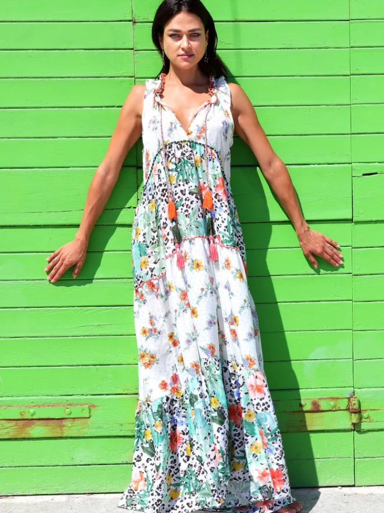 Strandkleider & Sommerkleider|Kleider^Laetitia Beachwear Strandkleid mit Seide FANTASIA BIANCO weiß grün von weiß grün mit Häkel Applikationen