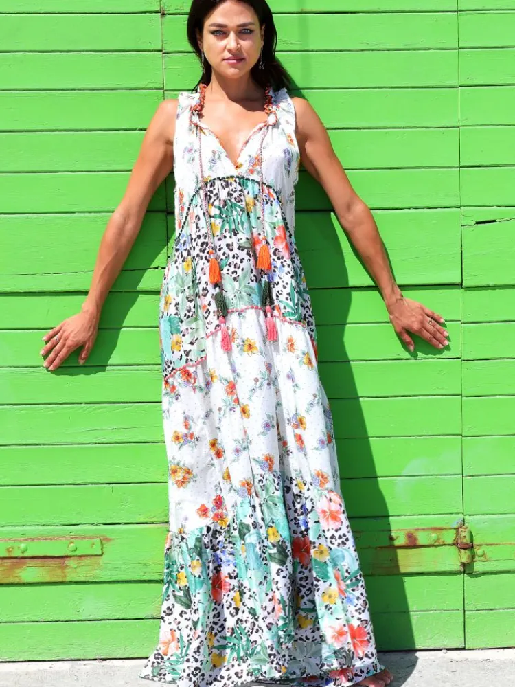 Strandkleider & Sommerkleider|Kleider^Laetitia Beachwear Strandkleid mit Seide FANTASIA BIANCO weiß grün von weiß grün mit Häkel Applikationen