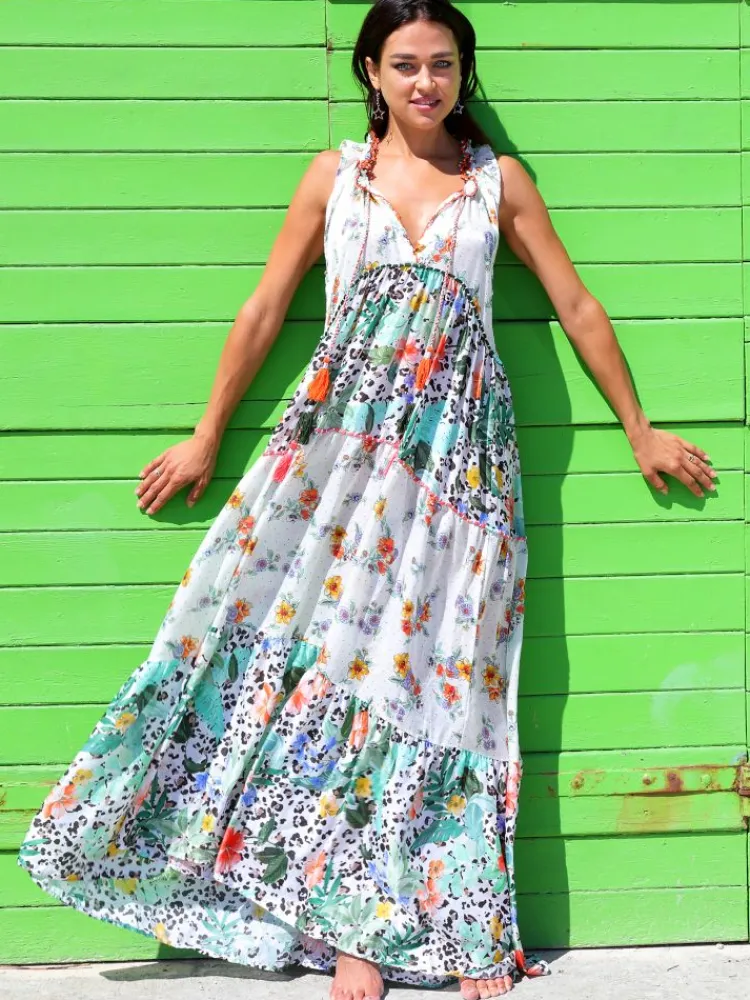 Strandkleider & Sommerkleider|Kleider^Laetitia Beachwear Strandkleid mit Seide FANTASIA BIANCO weiß grün von weiß grün mit Häkel Applikationen