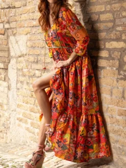 Strandkleider & Sommerkleider|Kleider^Laetitia Beachwear Strandkleid mit Seide KATE rot-bunt von rot-bunt mit Häkel Applikationen