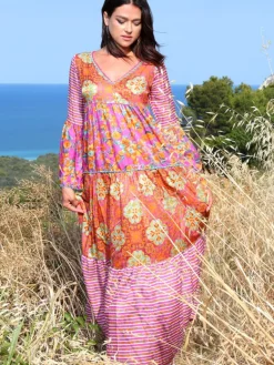 Strandkleider & Sommerkleider|Kleider^Laetitia Beachwear Strandkleid mit Seide NARCISO LILLA von beere-orange mit Häkel Applikationen