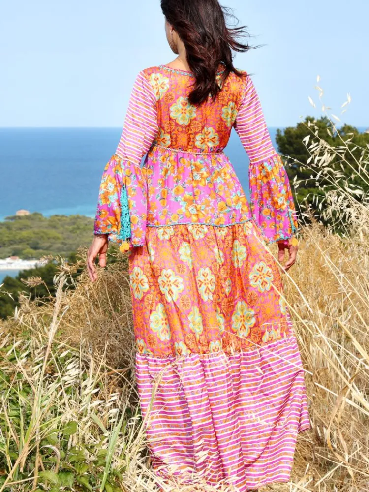 Strandkleider & Sommerkleider|Kleider^Laetitia Beachwear Strandkleid mit Seide NARCISO LILLA von beere-orange mit Häkel Applikationen