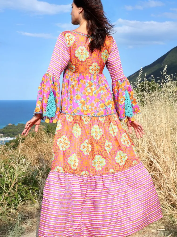 Strandkleider & Sommerkleider|Kleider^Laetitia Beachwear Strandkleid mit Seide NARCISO LILLA von beere-orange mit Häkel Applikationen