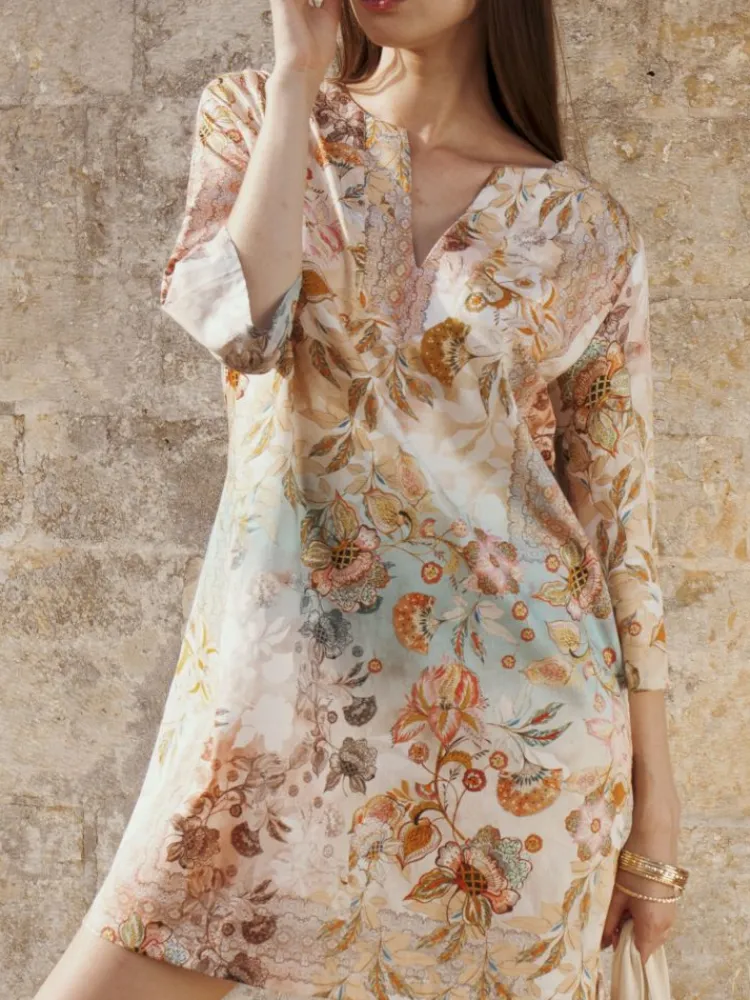 Strandkleider & Sommerkleider|Kaftan, Tunika & Pareo^Eva B. Bitzer Strandtunika LIDO apricot-türkis von apricot-türkis bedruckt