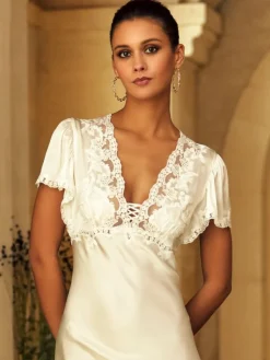 Seidenneglige|Seidennachthemd^Marjolaine Stretchseide Nachtkleid lang REINE No. 3 von naturweiss oder petrolgrün mit schwarz