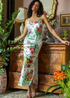 Seidenneglige|Seidennachthemd^Marjolaine Stretchseide Nachtkleid lang OMERINE Blumenmuster von cremeweiß mit Blumenmuster