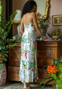 Seidenneglige|Seidennachthemd^Marjolaine Stretchseide Nachtkleid lang OMERINE Blumenmuster von cremeweiß mit Blumenmuster