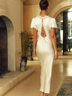 Seidenneglige|Seidennachthemd^Marjolaine Stretchseide Nachtkleid lang REINE No. 3 mit Spitze von naturweiss oder petrolgrün mit schwarz