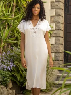 Seidenneglige|Seidennachthemd^Marjolaine Stretchseide Nachtkleid REINE schwarz mit Spitze von naturweiß oder schwarz mit Spitze