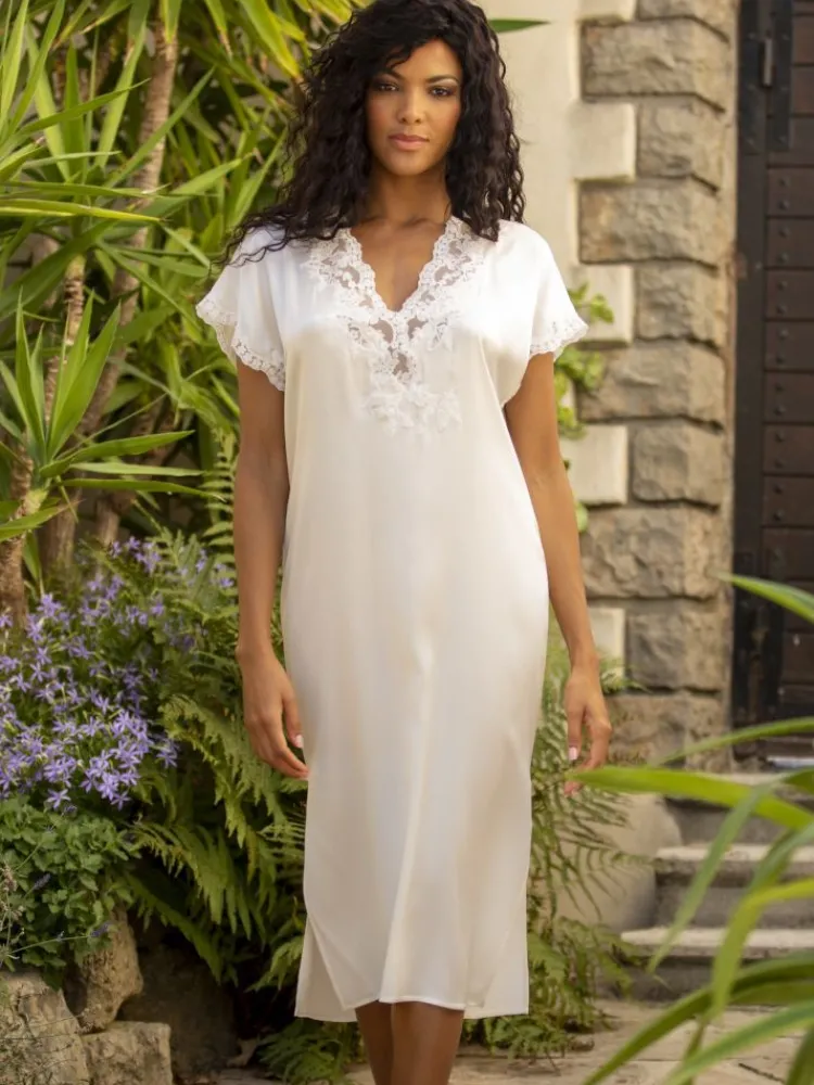 Seidenneglige|Seidennachthemd^Marjolaine Stretchseide Nachtkleid REINE schwarz mit Spitze von naturweiß oder schwarz mit Spitze