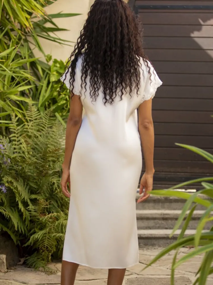 Seidenneglige|Seidennachthemd^Marjolaine Stretchseide Nachtkleid REINE schwarz mit Spitze von naturweiß oder schwarz mit Spitze