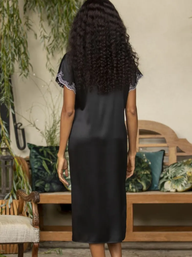 Seidenneglige|Seidennachthemd^Marjolaine Stretchseide Nachtkleid REINE schwarz mit Spitze von naturweiß oder schwarz mit Spitze