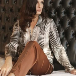 Lounge-Wear|Bluse & Tunika^Gattina Stretchseide Oberteil BOA schwarz-weiß von schwarz-weiß mit kastanienbraun
