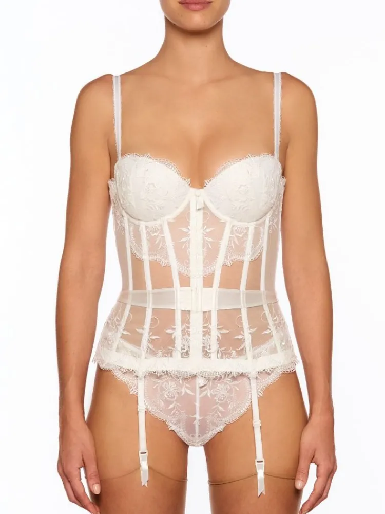 Alle Corsagen^Millesia Tüllspitze Torselett CRAVACHE perlmutt von mit Seide perlmutt weiß