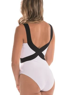 Badeanzug & Bikini^Nicole Olivier Träger Badeanzug MANOLO von weiß mit schwarz