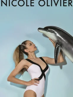 Badeanzug & Bikini^Nicole Olivier Träger Badeanzug MANOLO von weiß mit schwarz