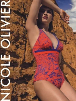 Badeanzug & Bikini^Nicole Olivier Träger Badeanzug MATOU koralle-lila von rot mit lila Blumendruck