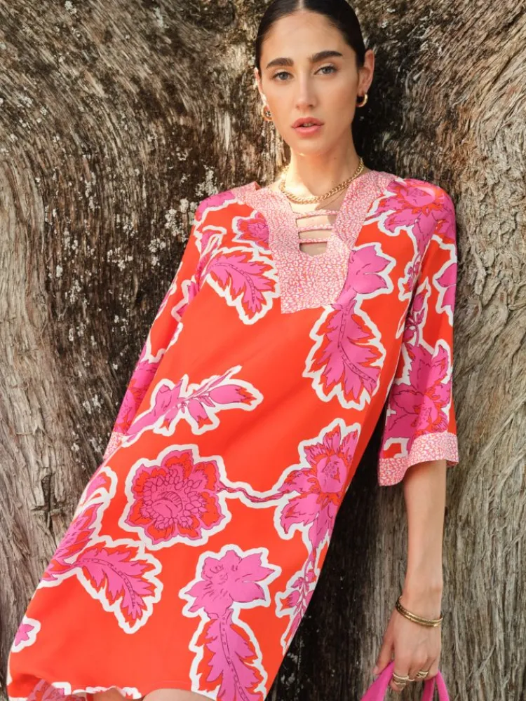 Strandkleider & Sommerkleider|Kaftan, Tunika & Pareo^Chiara Fiorini Tunika Aurora Viscose rot-rosa von rosa-weisser Blumenprint auf rotem Grund