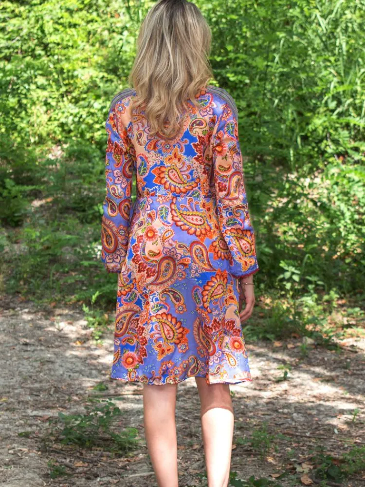 Strandkleider & Sommerkleider|Kaftan, Tunika & Pareo^Laetitia Beachwear Tunikakleid mit Seide BLANCA in blau-rosa von blau-rosa mit Häkel Applikationen