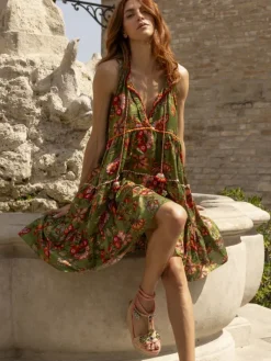 Strandkleider & Sommerkleider|Kaftan, Tunika & Pareo^Laetitia Beachwear Tunikakleid mit Seide DAFNE olivgrün von olivgrün mit Häkel Applikationen