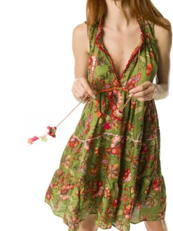 Strandkleider & Sommerkleider|Kaftan, Tunika & Pareo^Laetitia Beachwear Tunikakleid mit Seide DAFNE olivgrün von olivgrün mit Häkel Applikationen