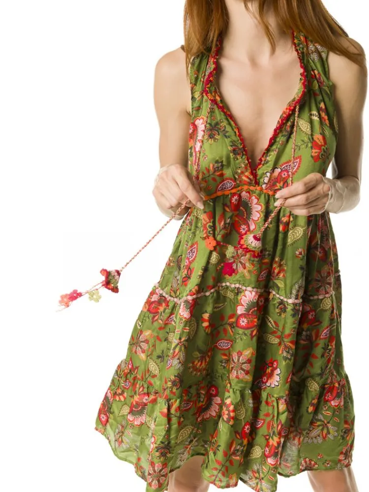 Strandkleider & Sommerkleider|Kaftan, Tunika & Pareo^Laetitia Beachwear Tunikakleid mit Seide DAFNE olivgrün von olivgrün mit Häkel Applikationen