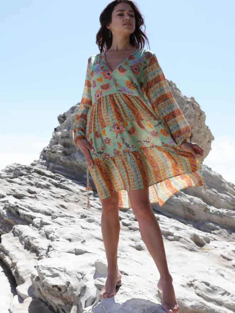Strandkleider & Sommerkleider|Kaftan, Tunika & Pareo^Laetitia Beachwear Tunikakleid mit Seide GINEVRA MENTA grün-orange von grün-orange mit Häkel Applikationen