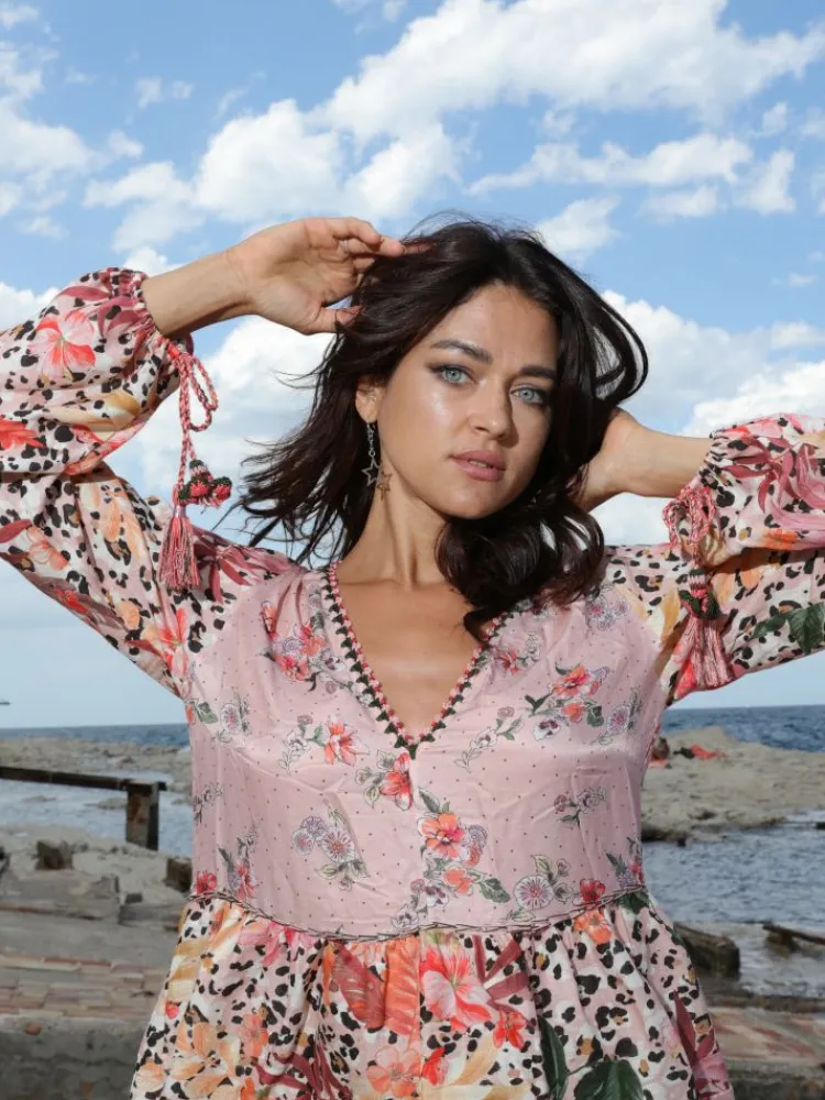 Strandkleider & Sommerkleider|Kaftan, Tunika & Pareo^Laetitia Beachwear Tunikakleid mit Seide GINEVRA ROSA von rosa-apricot mit Häkel Applikationen