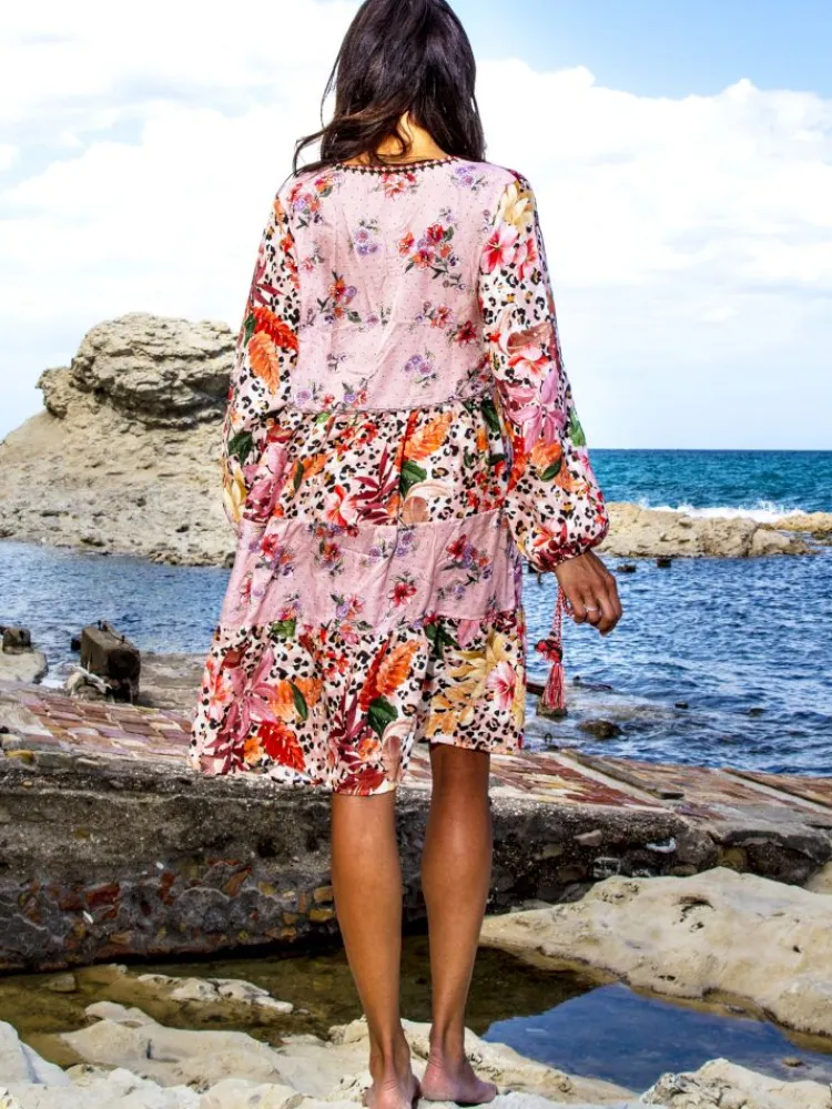 Strandkleider & Sommerkleider|Kaftan, Tunika & Pareo^Laetitia Beachwear Tunikakleid mit Seide GINEVRA ROSA von rosa-apricot mit Häkel Applikationen