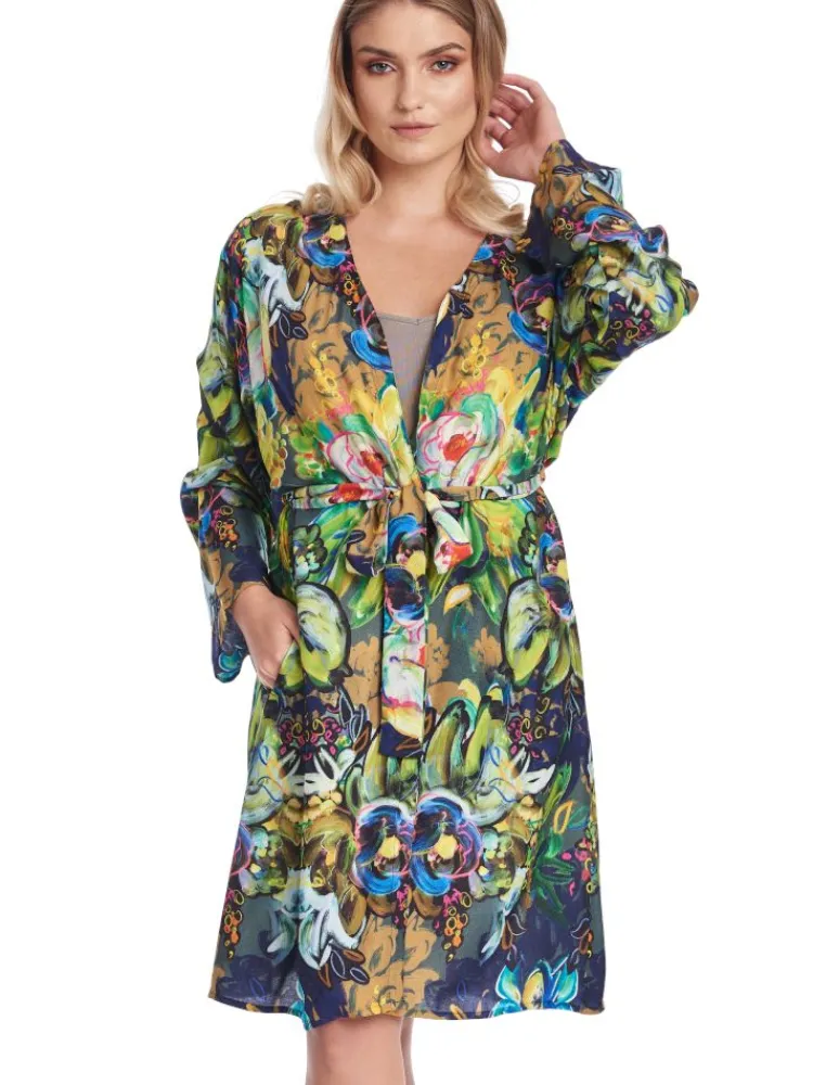 Exquisite Morgenmäntel|Morgenmantel Kurz^Gattina Viscose Morgenmantel FLORENCE grün-bunt von bunter Blumendruck in blau grün