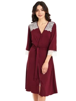 Exquisite Morgenmäntel|Morgenmantel Kurz^Gattina Viscose Morgenmantel HEDDA mit Spitze von creme-weiß oder bordeaux-rot