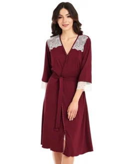 Exquisite Morgenmäntel|Morgenmantel Kurz^Gattina Viscose Morgenmantel HEDDA weich mit Spitze von creme-weiß oder bordeaux-rot