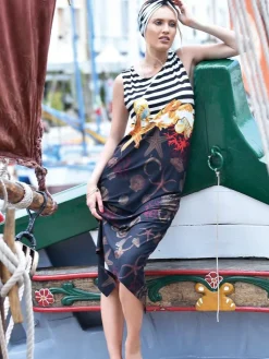 Strandkleider & Sommerkleider|Freizeit- & Reisekleidung^Chiara Fiorini Viscose Sommerkleid MARE schwarz bunt von maritimer Druck auf schwarzem Grund