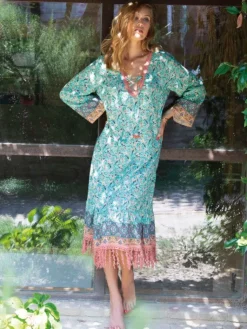 Strandkleider & Sommerkleider|Kaftan, Tunika & Pareo^Chiara Fiorini Viscose Sommerkleid TROPIC No. 4 türkis von apricot und grün auf türkis blauem Grund