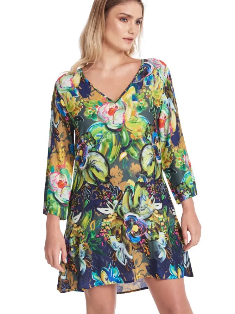 Strandkleider & Sommerkleider|Kaftan, Tunika & Pareo^Gattina Viscose Tunika FLORENCE grün-bunt von bunter Blumendruck in blau grün